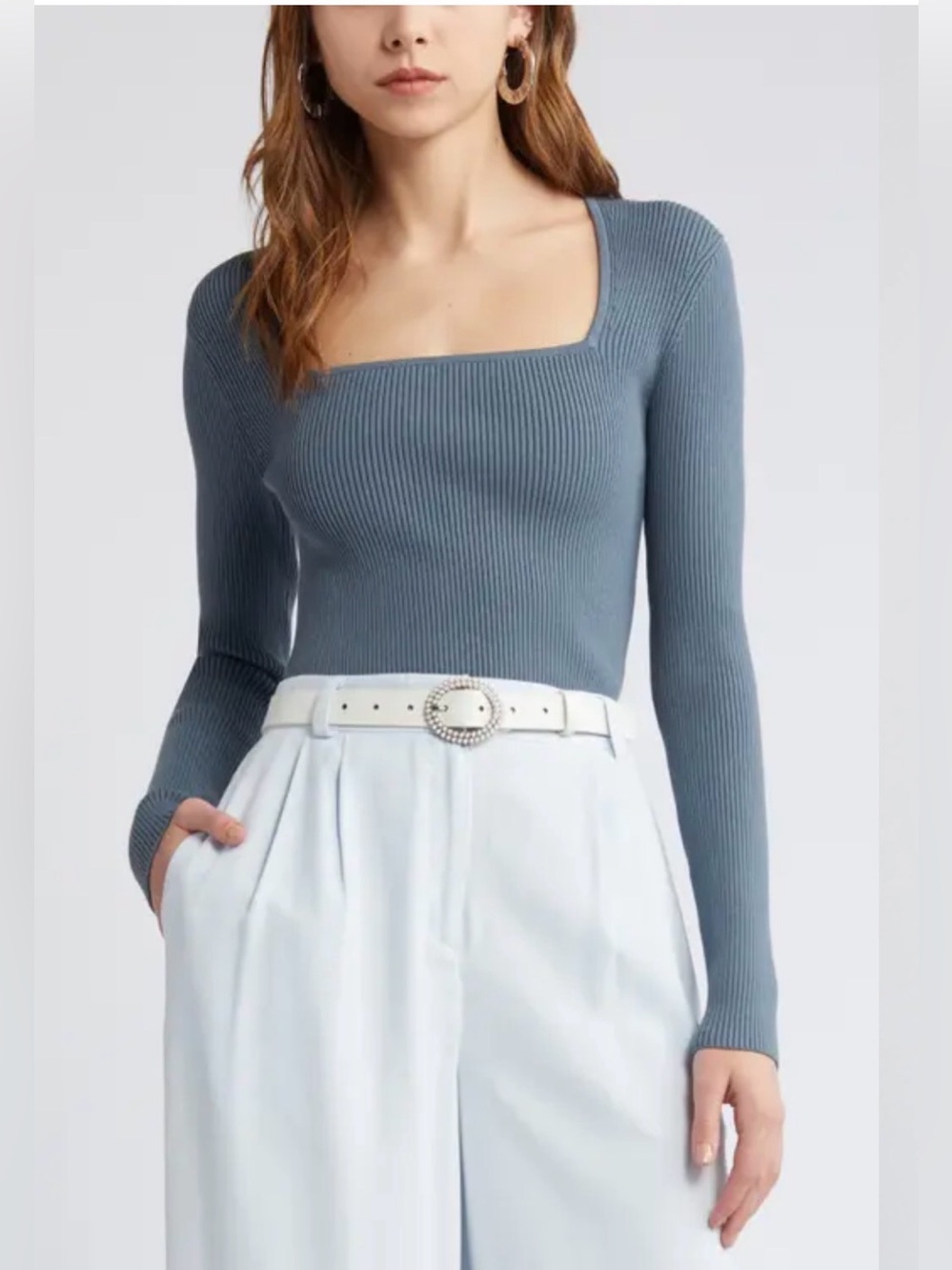Open Edit Nordstrom Luxe Sculpt Square Neck Ribbed Sweater Periwinkle Blue M